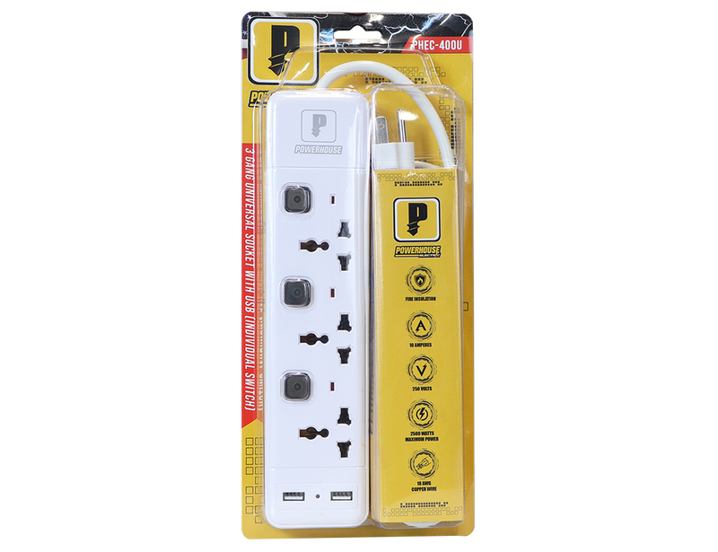 Load image into Gallery viewer, 3 GANG UNIVERSAL SOCKET W/ USB EXTENSION CORD WITH INDIVIDUAL SWITCH AND OVERLOAD PROTECTION PHEC-400U
