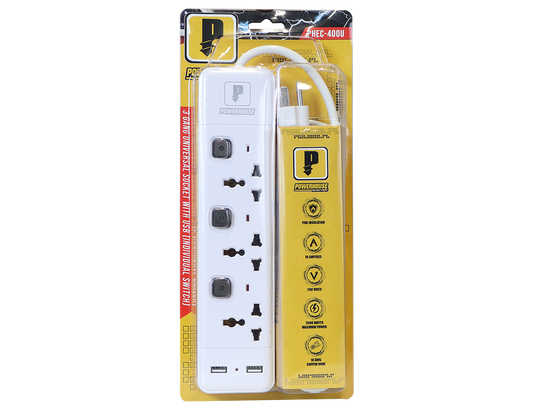 3 GANG UNIVERSAL SOCKET W/ USB EXTENSION CORD WITH INDIVIDUAL SWITCH AND OVERLOAD PROTECTION PHEC-400U