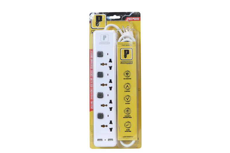 Load image into Gallery viewer, 4 GANG UNIVERSAL SOCKET W/ USB EXTENSION CORD WITH SINGLE SWITCH AND OVERLOAD PROTECTION PHEC-005U
