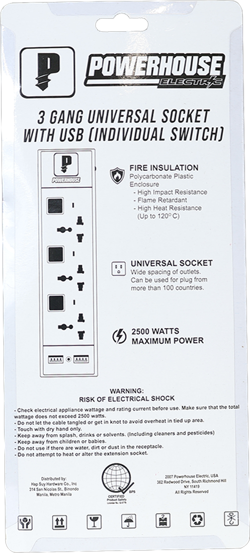 3 GANG UNIVERSAL SOCKET W/ USB EXTENSION CORD WITH INDIVIDUAL SWITCH AND OVERLOAD PROTECTION PHEC-400U