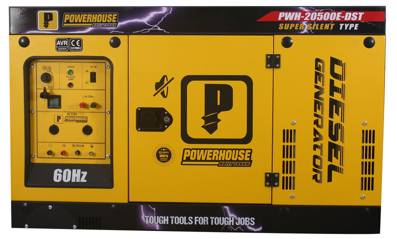 Load image into Gallery viewer, Powerhouse Diesel Silent Type Generator w/ Battery for Electric Start w/ Digital Display Max Power 18KW (PWH20500E-DST)
