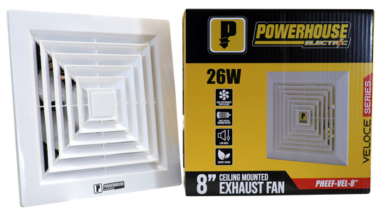 Powerhouse Fans Exhaust Fan Ceiling Mounted Veloce Series 8in (100% Copper Motor/Low N ...