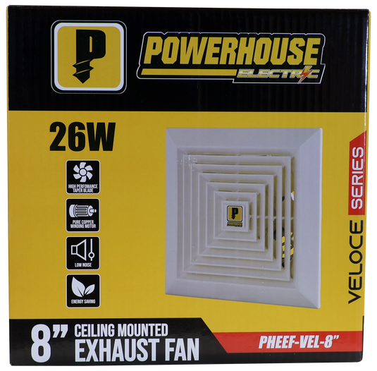 Powerhouse Fans Exhaust Fan Ceiling Mounted Veloce Series 8in (100% Copper Motor/Low N ...