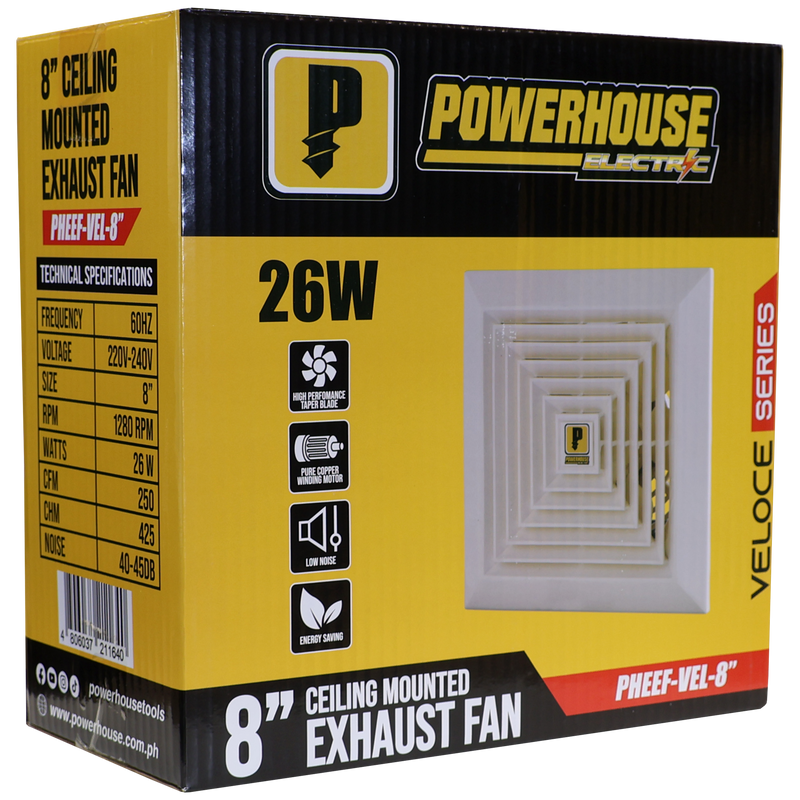 Powerhouse Fans Exhaust Fan Ceiling Mounted Veloce Series 8in (100% Copper Motor/Low N ...