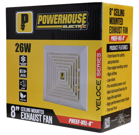 Powerhouse Fans Exhaust Fan Ceiling Mounted Veloce Series 8in (100% Copper Motor/Low N ...
