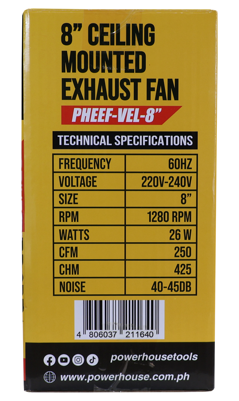 Load image into Gallery viewer, POWERHOUSE ELECTRIC 8IN EXHAUST FAN CEILING MOUNTED VELOCE SERIES (100% COPPER MOTOR/LOW NOISE) PHEEF-VEL-8&quot;
