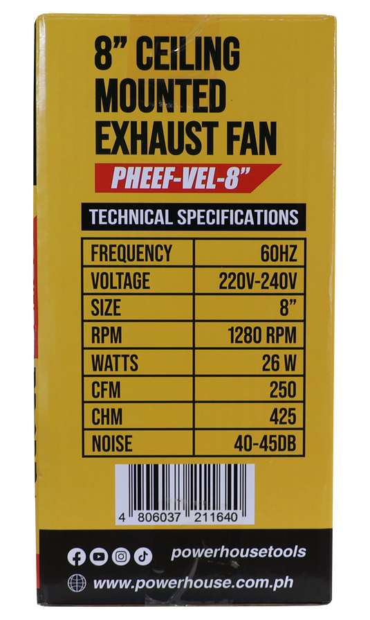 POWERHOUSE ELECTRIC 8IN EXHAUST FAN CEILING MOUNTED VELOCE SERIES (100% COPPER MOTOR/LOW NOISE) PHEEF-VEL-8"