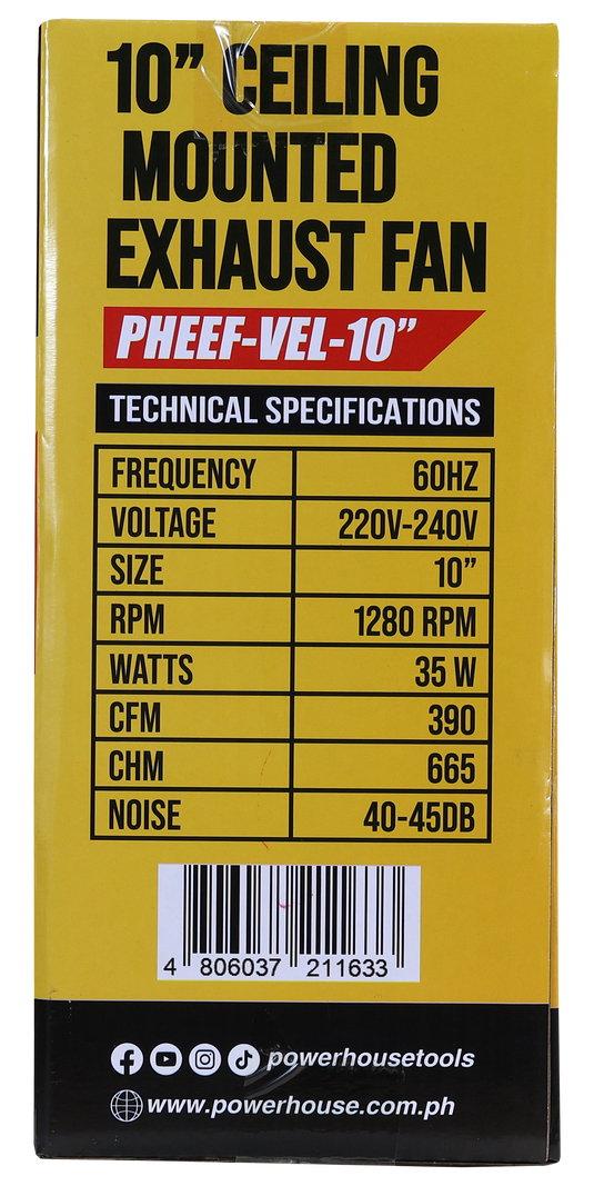 POWERHOUSE ELECTRIC 10IN EXHAUST FAN CEILING MOUNTED VELOCE SERIES (100% COPPER MOTOR/LOW NOISE) PHEEF-VEL-10"