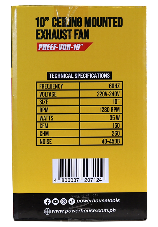 POWERHOUSE ELECTRIC 10IN EXHAUST FAN CEILING MOUNTED VORTEX SERIES (100% COPPER MOTOR/LOW NOISE) PHEEF-VOR-10"