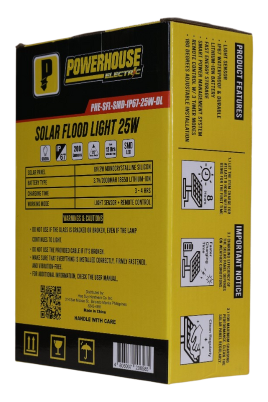 POWERHOUSE ELECTRIC SOLAR FLOOD LIGHT IP67 (SMD) PHE-SFL-SMD-IP67-25W-DL