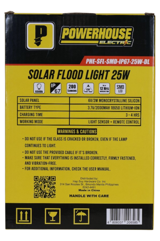 POWERHOUSE ELECTRIC SOLAR FLOOD LIGHT IP67 (SMD) PHE-SFL-SMD-IP67-25W-DL