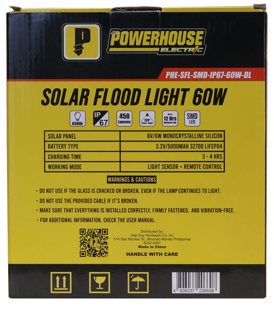 POWERHOUSE ELECTRIC SOLAR FLOOD LIGHT IP67 (SMD) PHE-SFL-SMD-IP67-60W-DL