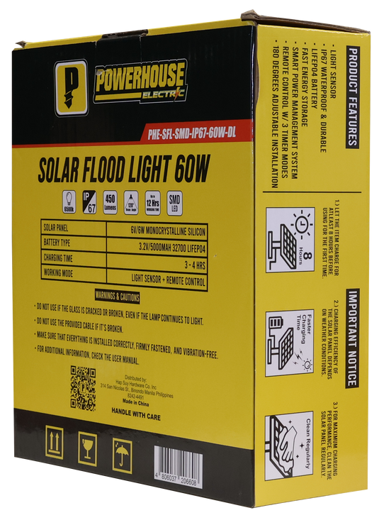 POWERHOUSE ELECTRIC SOLAR FLOOD LIGHT IP67 (SMD) PHE-SFL-SMD-IP67-60W-DL