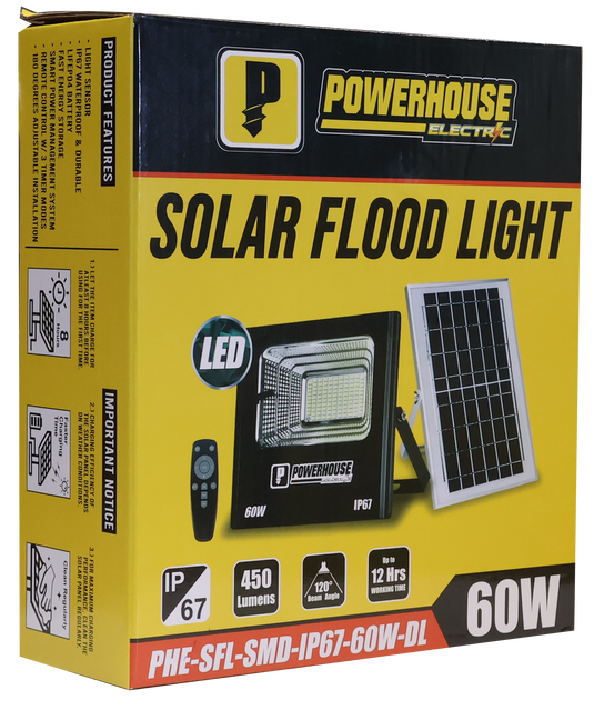 POWERHOUSE ELECTRIC SOLAR FLOOD LIGHT IP67 (SMD) PHE-SFL-SMD-IP67-60W-DL