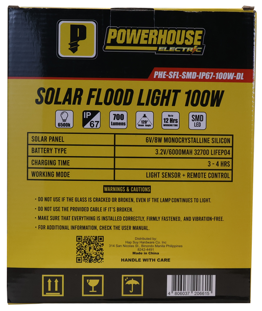 POWERHOUSE ELECTRIC SOLAR FLOOD LIGHT IP67 (SMD) PHE-SFL-SMD-IP67-100W-DL