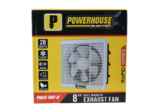 POWERHOUSE ELECTRIC 8IN EXHAUST FAN WALL MOUNTED RAPID SERIES (100% COPPER MOTOR/LOW NOISE) PHEEF-RAP-8"