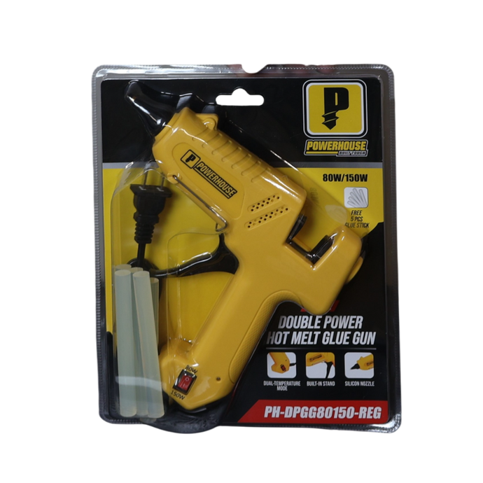 POWERHOUSE DOUBLE POWER HOT MELT GLUE GUN W/ 5 PCS 11X100MM GLUE STICK (PH-DPGG80150-REG)