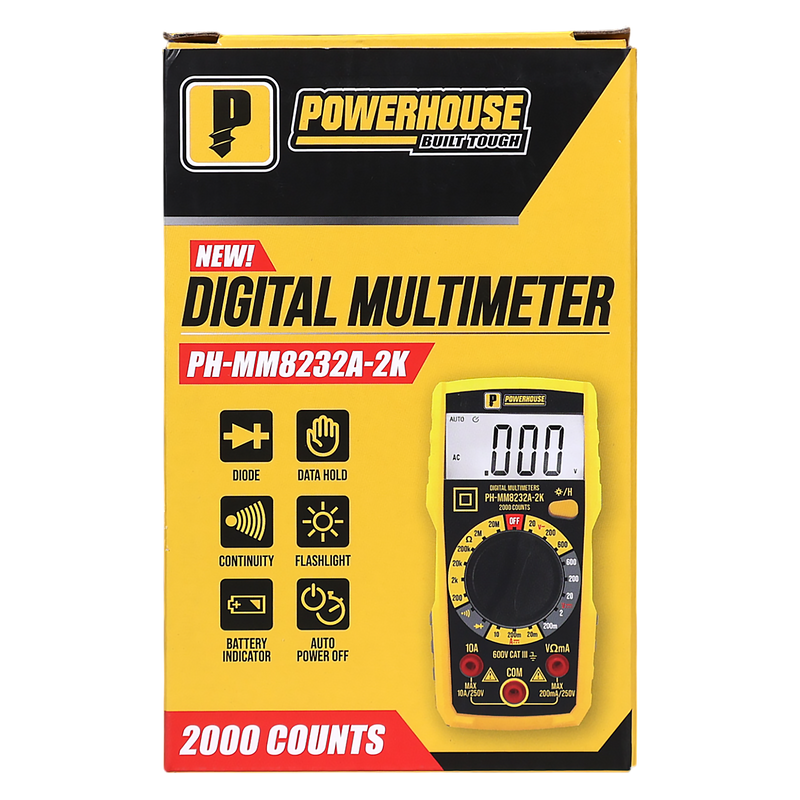 Load image into Gallery viewer, POWERHOUSE DIGITAL MULTIMETER 2,000 COUNTS CAT III 600V AC/DC VOLTAGE AC CURRENT (PH-MM8232A-2K)
