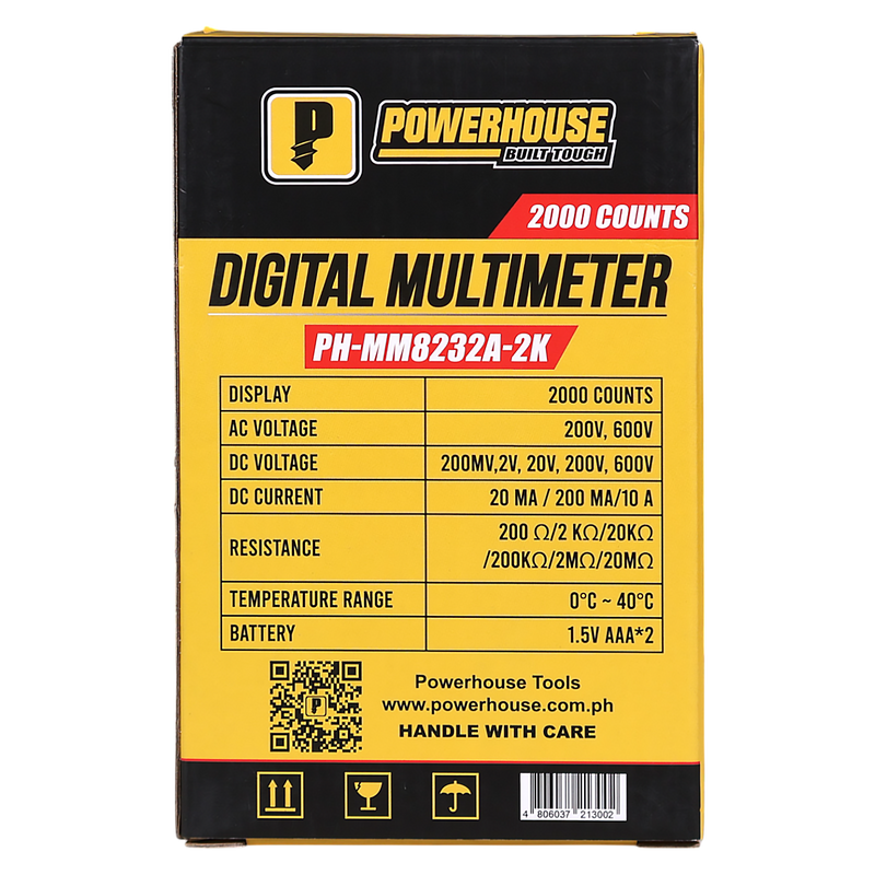 Load image into Gallery viewer, POWERHOUSE DIGITAL MULTIMETER 2,000 COUNTS CAT III 600V AC/DC VOLTAGE AC CURRENT (PH-MM8232A-2K)
