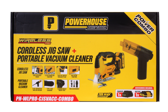 Power Combo: Cordless Jigsaw 20V and Portable Vacuum Cleaner 55W Set